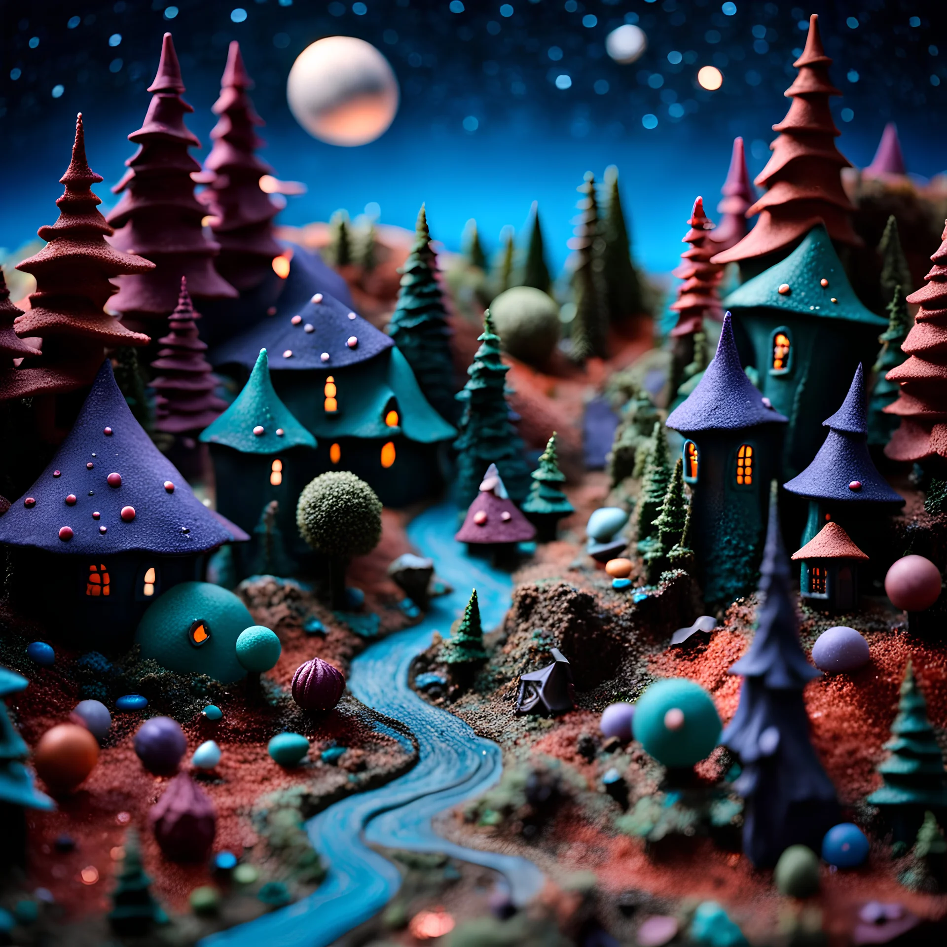 Detailed creepy landscape made of modeling clay, village, stars and planets, Roger Dean, naïve, Tim Burton, strong texture, Ernst Haekel, extreme detail, Max Ernst, decal, rich moody colors, sparkles, Yves Tanguy, bokeh, odd