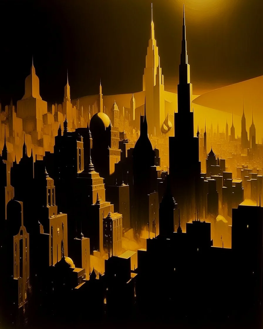 A gold glowing Arabian metropolis painted by Lyonel Charles Feininger