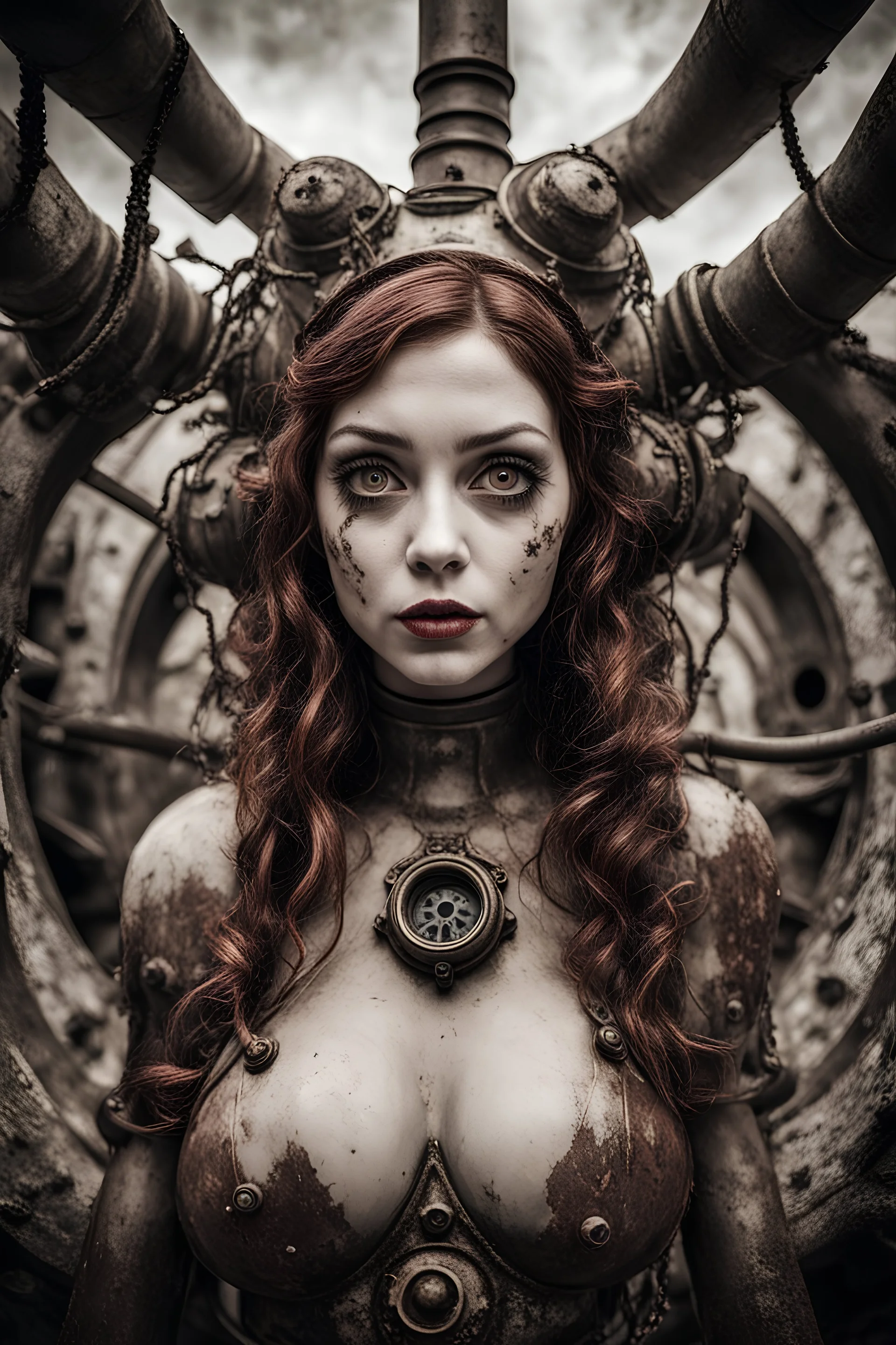 Closeup Girl siren with big eyes and little monster, fullbody, dieselpunk, valves rising from the ground, the perspective looking up from the bottom of an empty well , 8k, macro photography by <John Kenn Mortensen>, darkred tones,