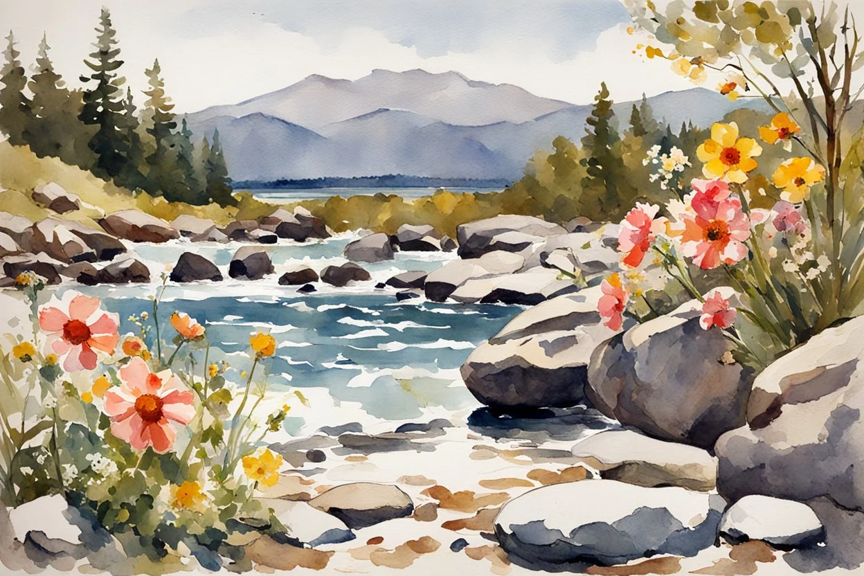 Sunny day, spring, flowers, rocks, mountains, epic, winslow homer watercolor paintings