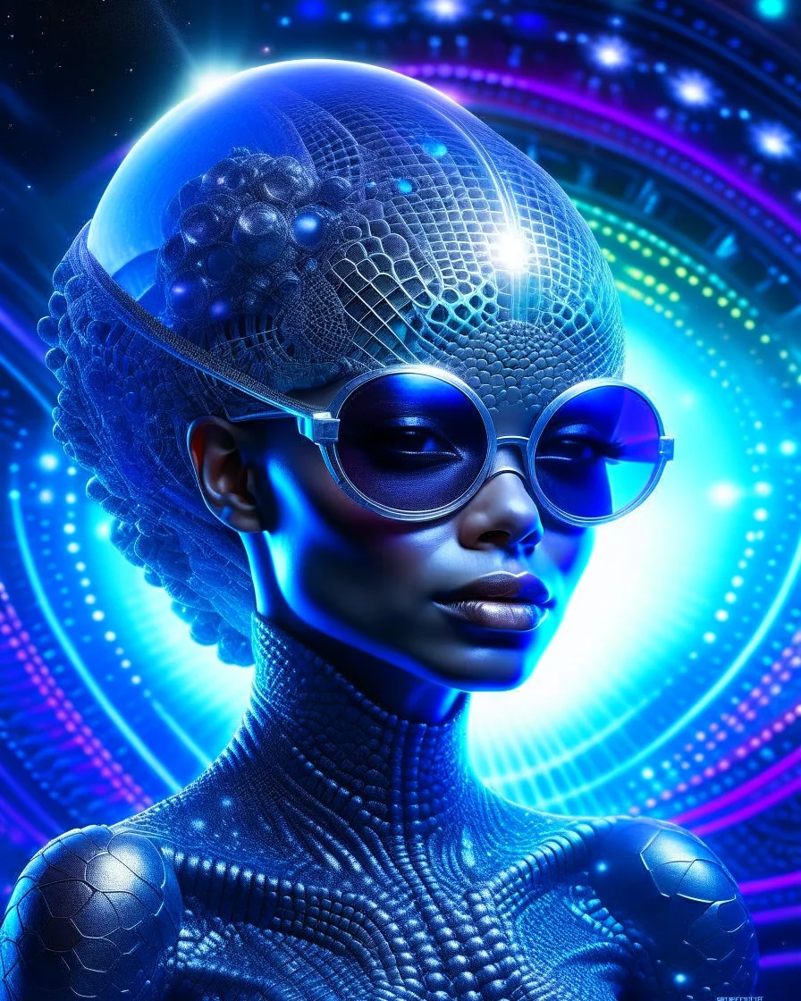 A captivating and vibrant portrait of an extraterrestrial being, perfectly suited for a futuristic cover. The alien sports a stunning metal headdress, with intricate designs that perfectly match his elegant silver face. Her retro-style oversized sunglasses are adorned with miniature stars and planets, accentuating her otherworldly charm. Against a dark cosmic void, the background displays a fascinating dance of vivid colors, evoking a sense of movement and cosmic energy.