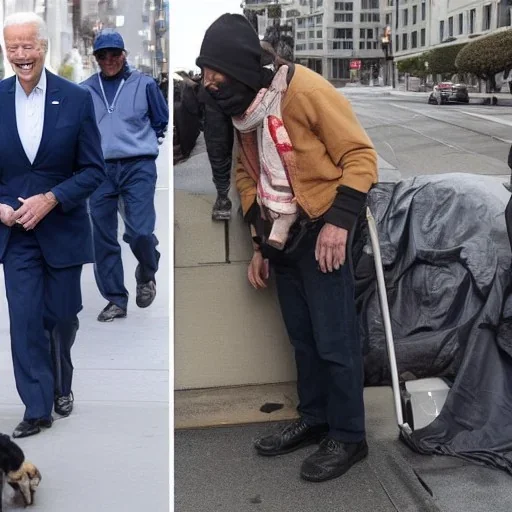 joe Biden laughs at homeless people whilst walking down the streets of San Francisco