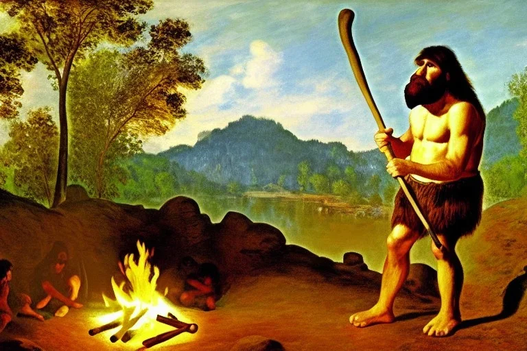 caveman holding a club, cave, cave bear, campfire, stone age, Impressionism, masterpiece, mellow, dawn,