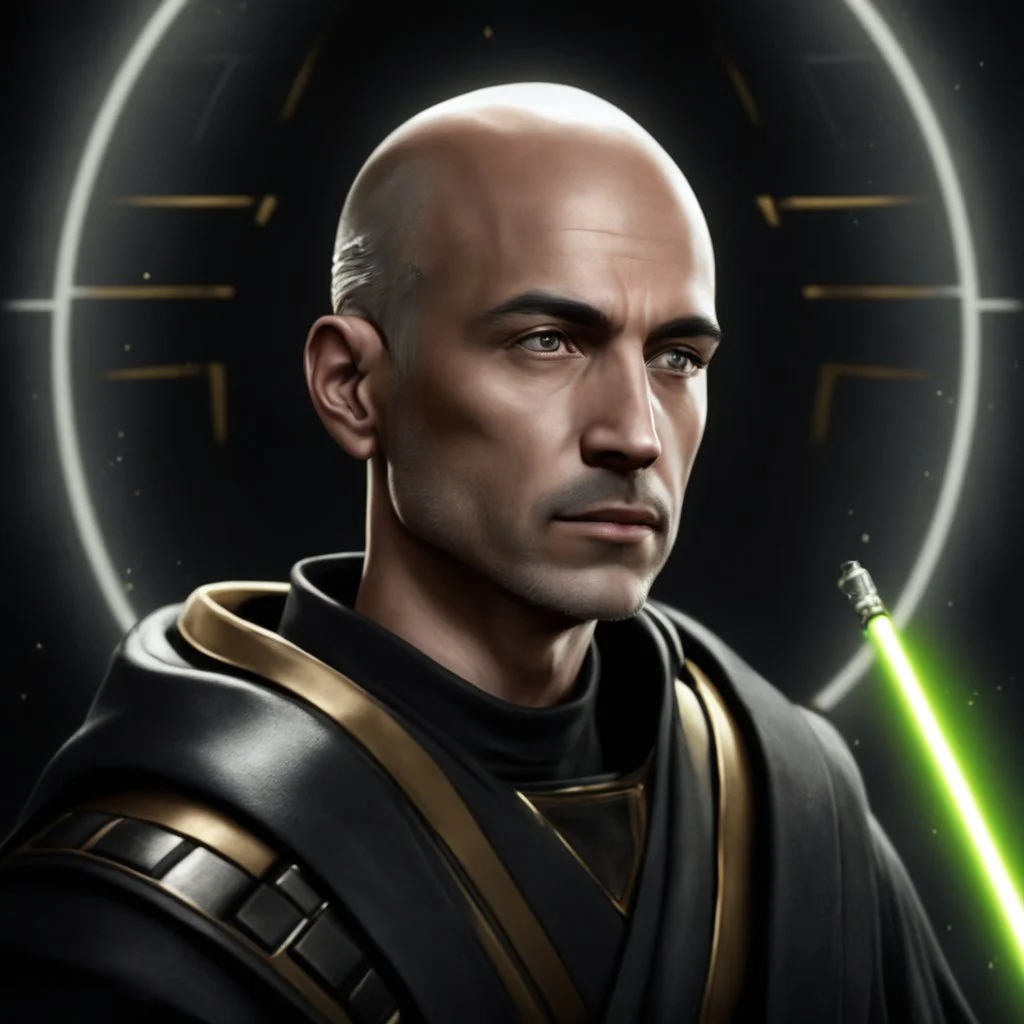 star wars bald male corellian jedi pilot wearing gunmetal grey and black old republic armored robes with gold trim inside the jedi temple holding a lightsaber with viridian green blade in left hand, centered head and shoulders portrait, hyperdetailed, dynamic lighting, hyperdetailed background, 8k resolution, volumetric lighting, light skin, fully symmetric details