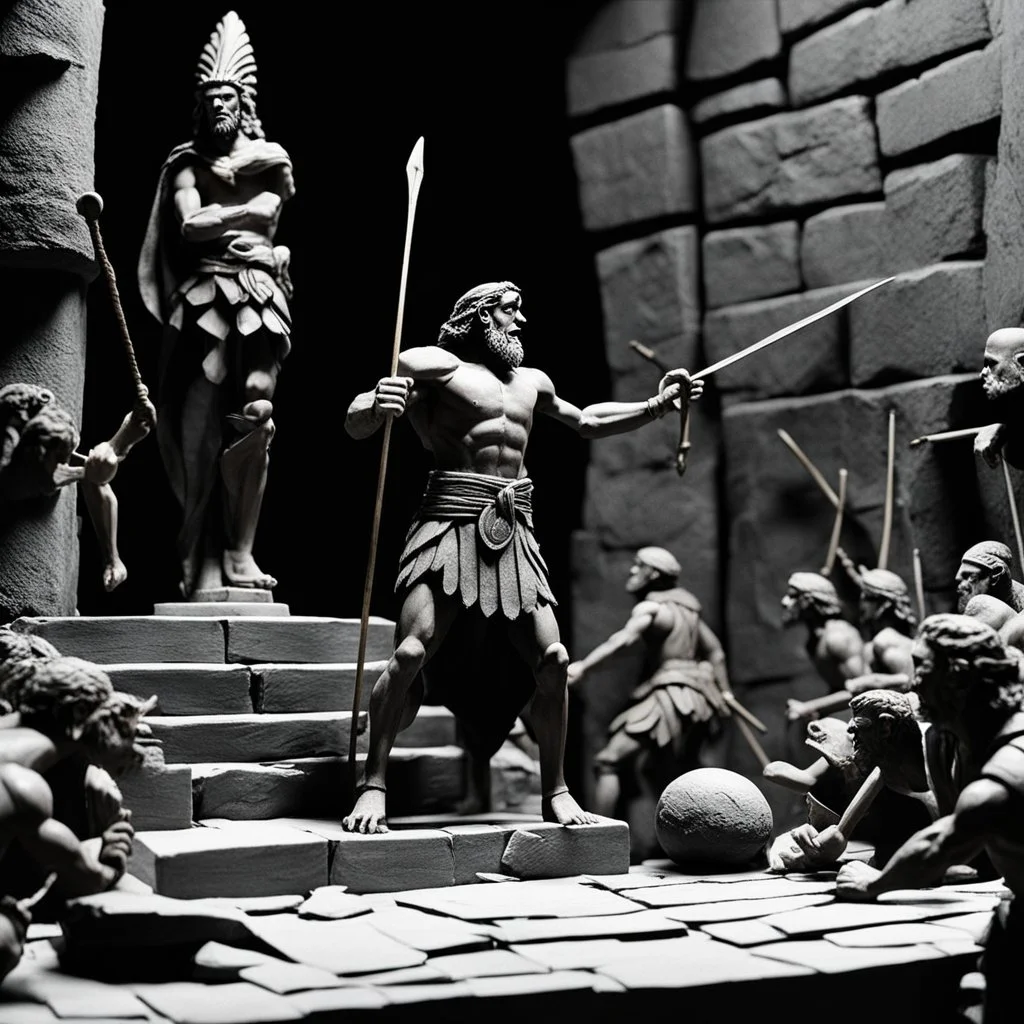 (stop-motion animation style of Ray Harryhausen) The climax of the Odysseus saga, a moment of intense suspense and revelation. Odysseus with his iconic bow, the wily hero, facing his ultimate challenge as he confronts the suitors in his own home. The tension mounts as he reveals his true identity and executes his masterful plan to reclaim his kingdom and reunite with his beloved Penelope. The climax pulses with drama and emotion, as Odysseus proves his cunning and strength in a final showdown th