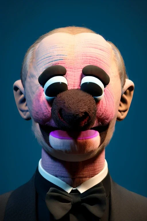 Waist up muppet Portrait, Vladimir Putin as muppet doll, Black suit, photo studio, blue background, unreal engine 5, concept art, art station, god lights, ray tracing, RTX, lumen lighting, ultra detail, volumetric lighting, 3d.