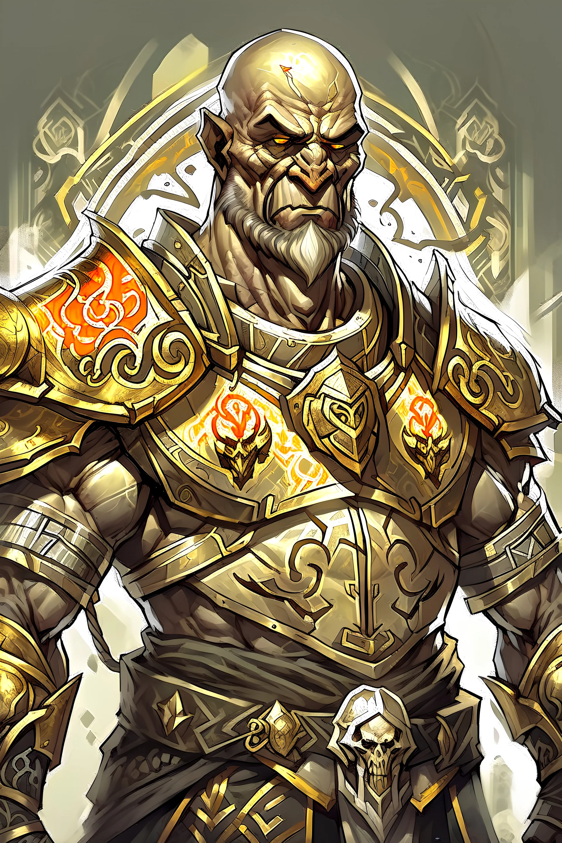 A Goliath (D&D race), tall, muscular, dark gray skin and bald. He has several white tribal tattoos. He wears a full heavy armor, golden color. He has a very serious look. In the image you have to see at least half a bust. He doesn’t have to be a human. It’s important he’s a Goliath. The style of the image is oil painting, in fantasy style.