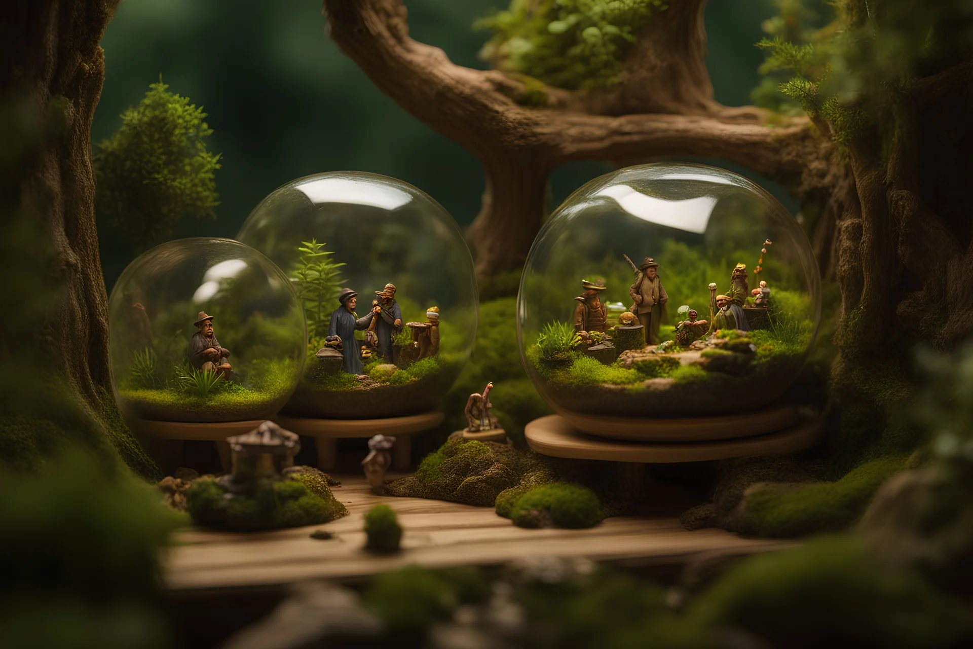 An Imaginative scene showcasing characters interacting with or tending to a terrarium, adding a whimsical touch to the miniature environments. Artwork that conveys the intricate details and balance of terrariums, capturing the charm and tranquility of these self-contained ecosystems.