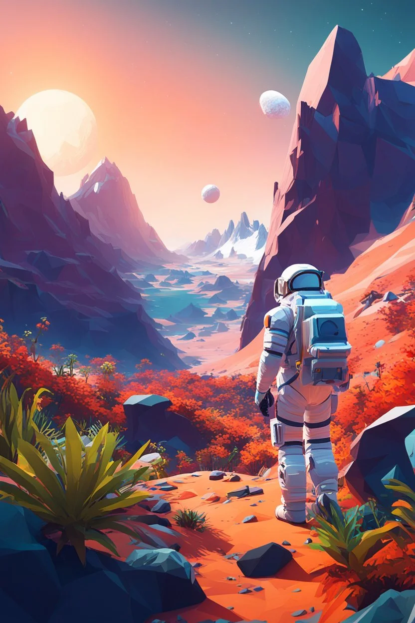 (((close midshot))), (((low poly art:2))), (astronaut), ultra detailed illustration of an environment on a dangerous:1.2 exotic planet with plants and wild (animals:1.5), (vast open world), astroneer inspired, highest quality, no lines, no outlines candid photography. by Lekrot