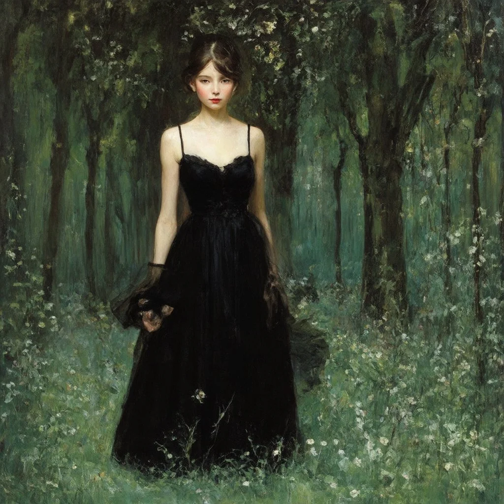 Night, one woman in black dress lost in the forest, flowers, vegetations, creepy, gloomy, doom metal influence, berthe morisot paintings, and alfred stevens paintings