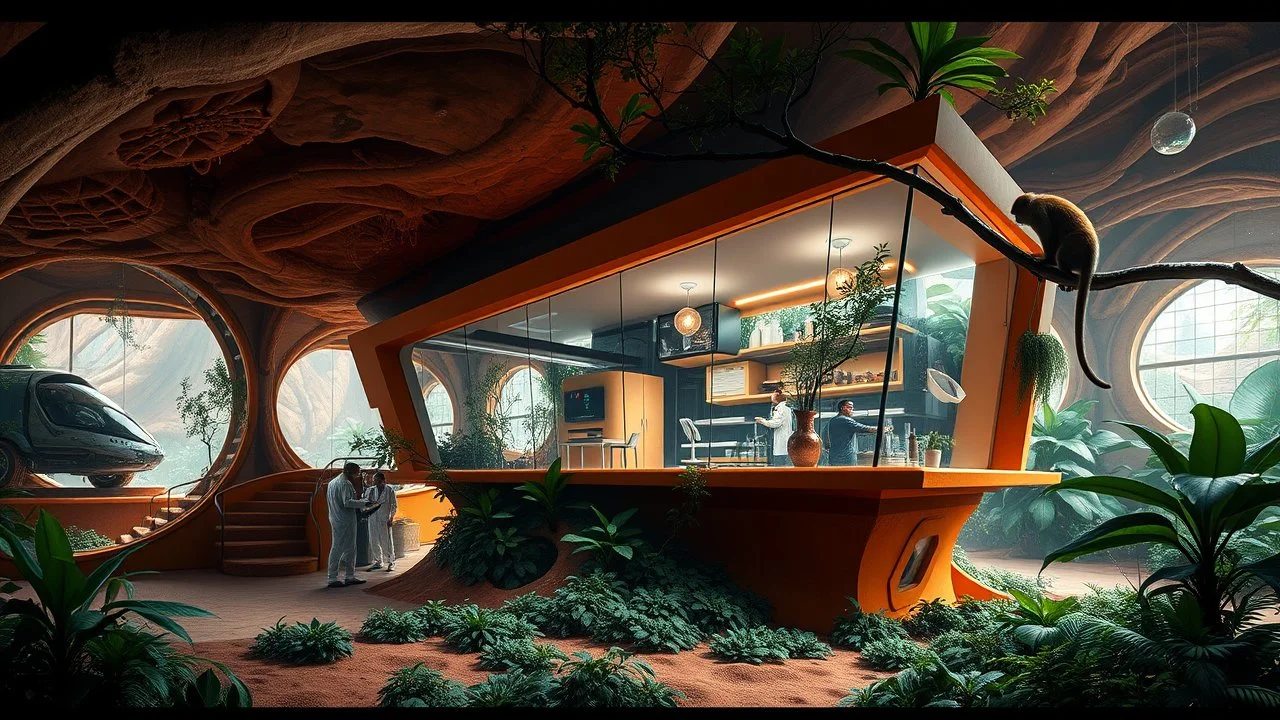 Beneath the surface of a vast underground botanical garden, the house appears as a futuristic and organic creation. The orange-toned base blends into the warm hues of the clay-like soil, while the sharp-edged, glassy upper floor reflects the lush plants growing around. A team of biologists works in a nearby lab, while a curious monkey watches from a branch brushing against the house's windows, mesmerized by the glow of the interior lights.