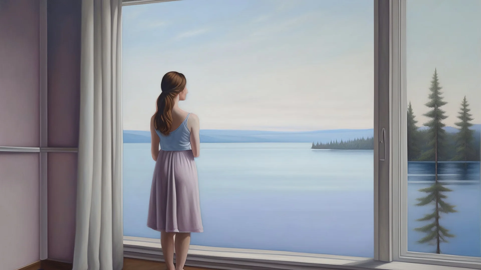 A woman, standing by an open window, contemplating a peaceful landscape. She is seen from behind, looking out at a lake and distant shoreline. Her posture is contemplative. Soft, muted colors predominate: pale mauve walls, light gray curtains, off-white dress, muted blues and grays of the lake and sky. Realistic perspective of the window, room, and landscape. Impressionist style, emphasizing light and shadow; a subdued, peaceful mood. Details of the window frame and panes are meticulously render