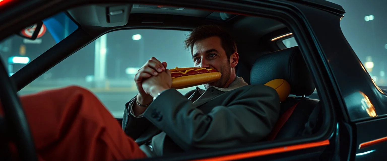 close up on weird out expression of guy suspended eating hot dogs inside laid back futuristic sci-fi glass human form car vampire coffin standing upright on wheels