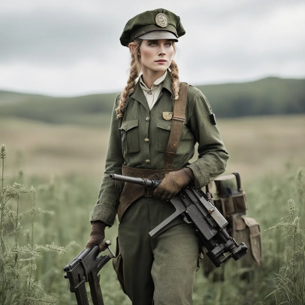 [standing in a Cornwall field] A woman elf, clad in a dirty World War I worker's uniform, her delicate features stark against the rugged attire. But what truly caught the eye was the heavy machine gun she carried with ease, a juxtaposition of elegance and power that defied conventional stereotypes.