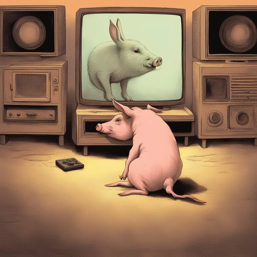 pig watching a tv about video game persona with a rabbit playing music beksinski style