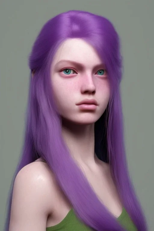 long purple haired human girl with bright green eyes