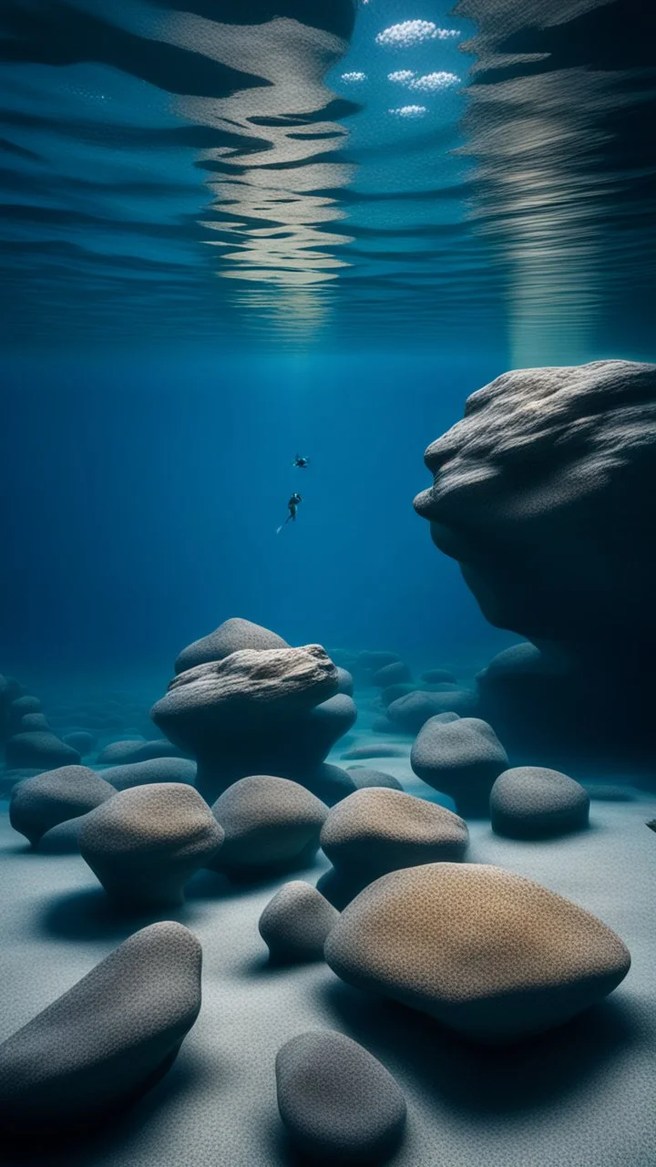 Подводные Скалы. Показать спокойную гладь воды, под которой едва угадываются острые скалы.