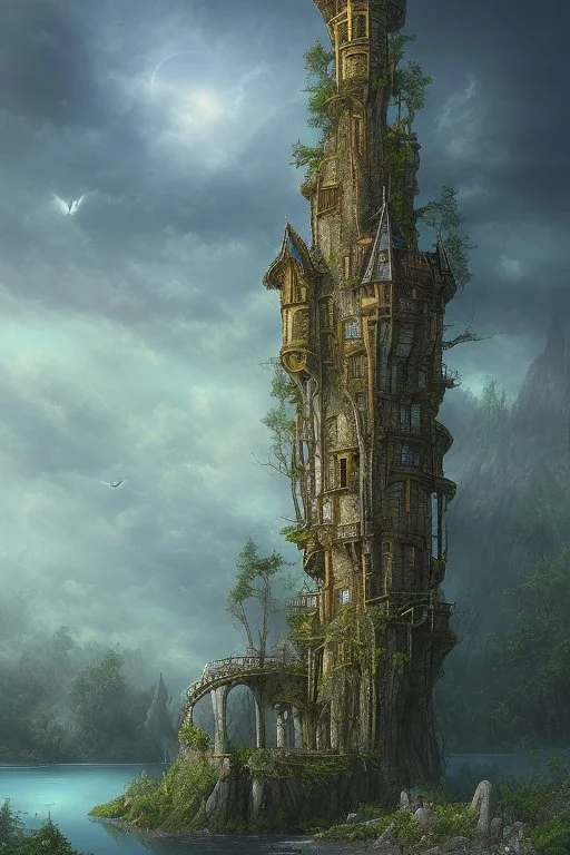 3-story Fantasy Gothic Tower with An Observation Platform, On A Rocky Island, In A Lake, In A Fantasy Woodland, with a bridge