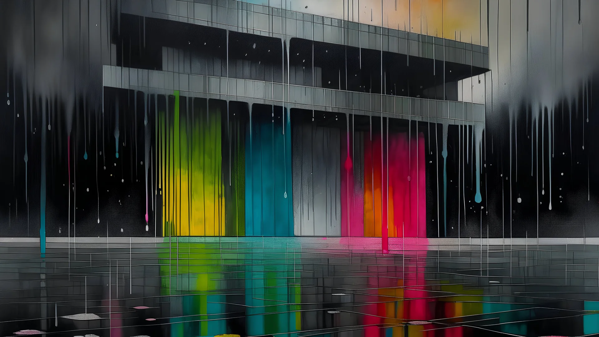 The water drizzled over the brutalist square, and each drop brought with it colors from the sky, painting the scene with ephemeral tones