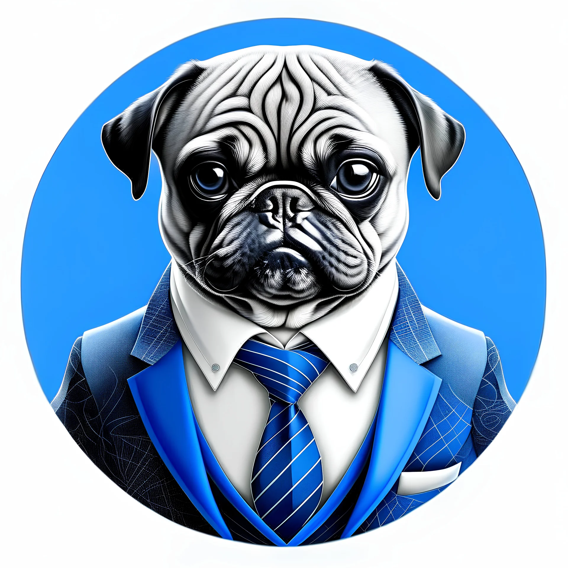 cute Pug in a suit in blue, white and gray melt lava circle