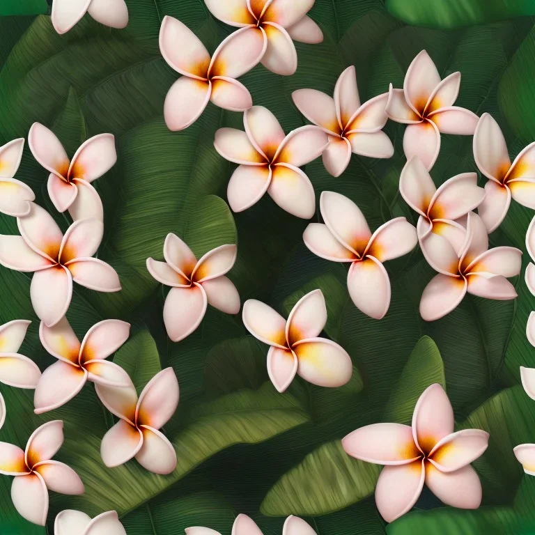 a highly detailed painting of plumeria flowers, seamless botanical patter design