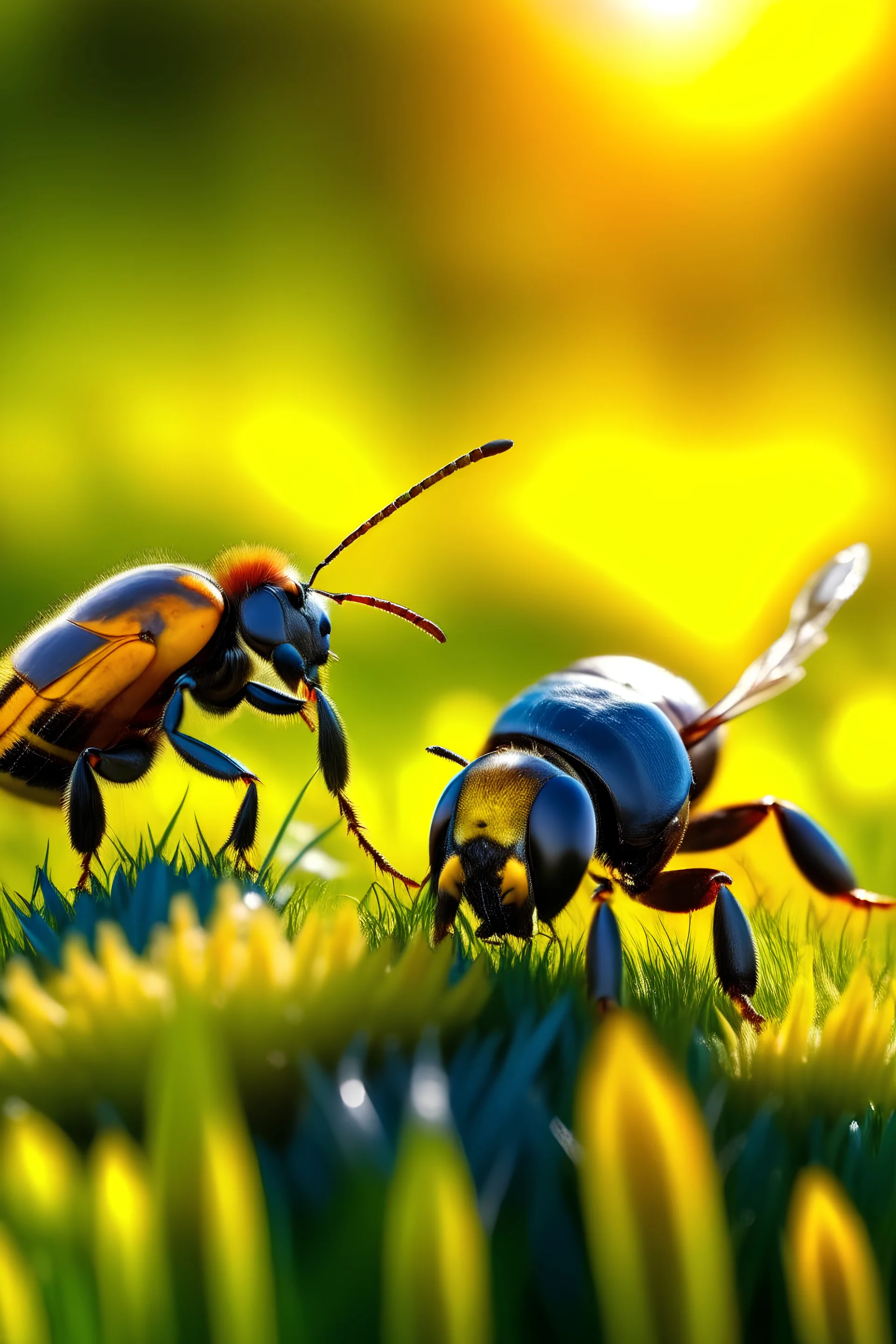 mera Photo d'un dialogue entre une abeille et un scarabée dans le pré