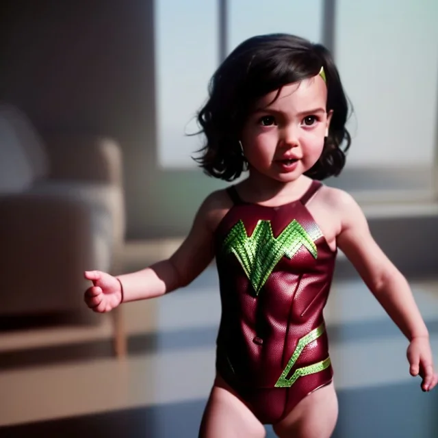 Gal gadot toddler, full body, dramatic lighting, hyper realistic