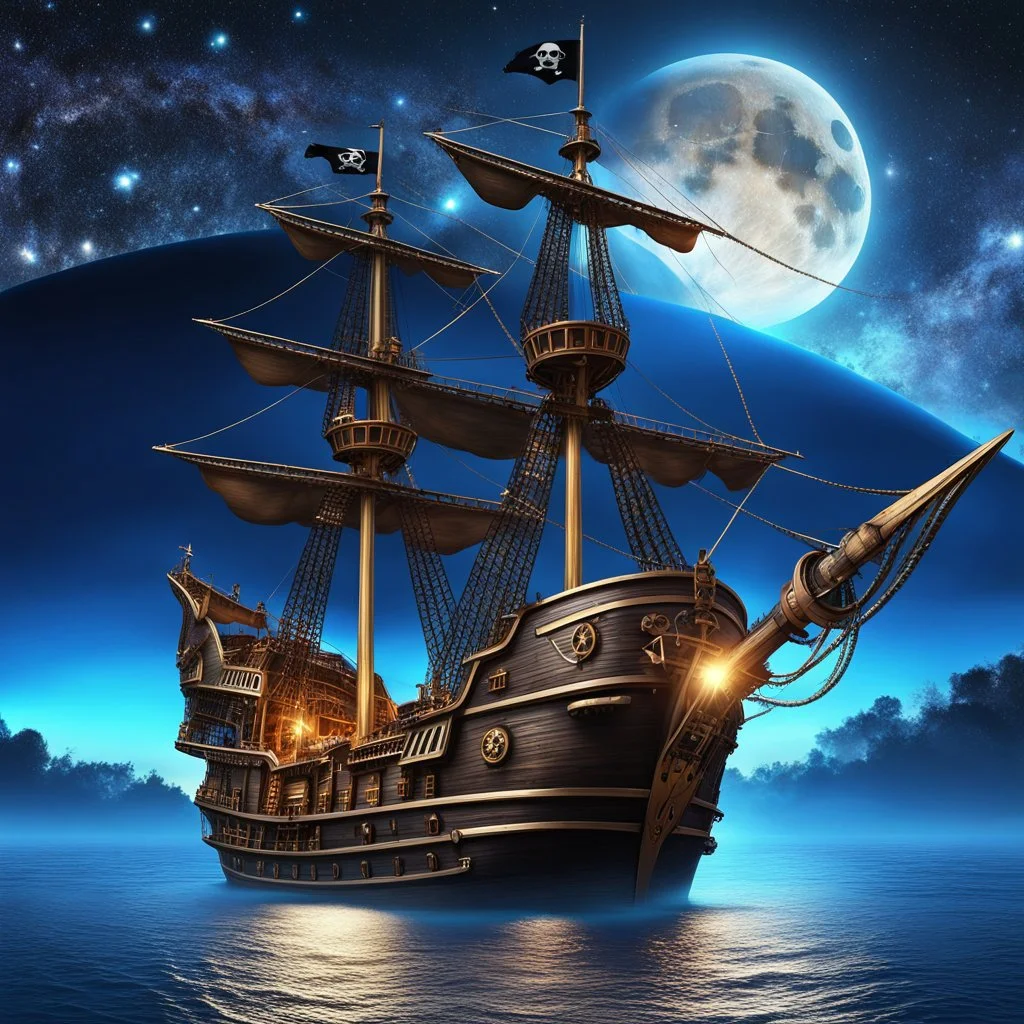 Moonlit Pirate Voyage: Set sail on a breathtaking 4K photorealistic wallpaper featuring a full-frame portrait of a majestic pirate ship on the surface of a moon-like planet. The ship glimmers under the night sky, surrounded by a halo of twinkling stars, creating a celestial ambiance. Exotic forestry on the moon's surface adds an otherworldly touch to the scene.