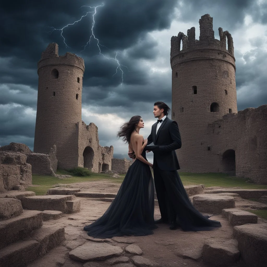 Hyper Realistic photographic-view Handsome-Muscular-Man In Black-tuxedo & beautiful-woman-with-whirling-black-hair-&-black-gown-cold-breeze & both-getting-romantic in the middle of an ancient-prehistoric-castle-ruins with wedding-setup & UFOs on cloudy-maroon-sky with thunderstorm giving it a dramatic & cinematic ambiance