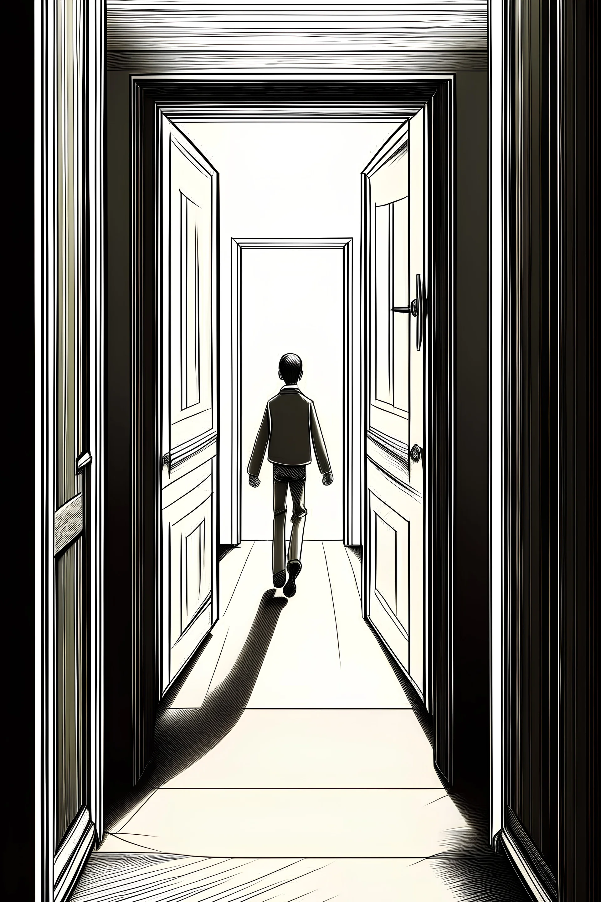 Draw of Two men opening a close door in the end of corridor