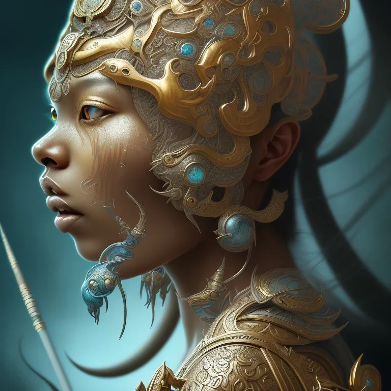 Sango fantasy, fantasy magic, intricate, sharp focus, illustration, highly detailed, digital painting, concept art, matte, art germ and Paul Lewin and Kehinde Wiley, masterpiece Indonesian lady head bronze tiger Asian African girl nice breast Hawaiian hair turquoise silver waves