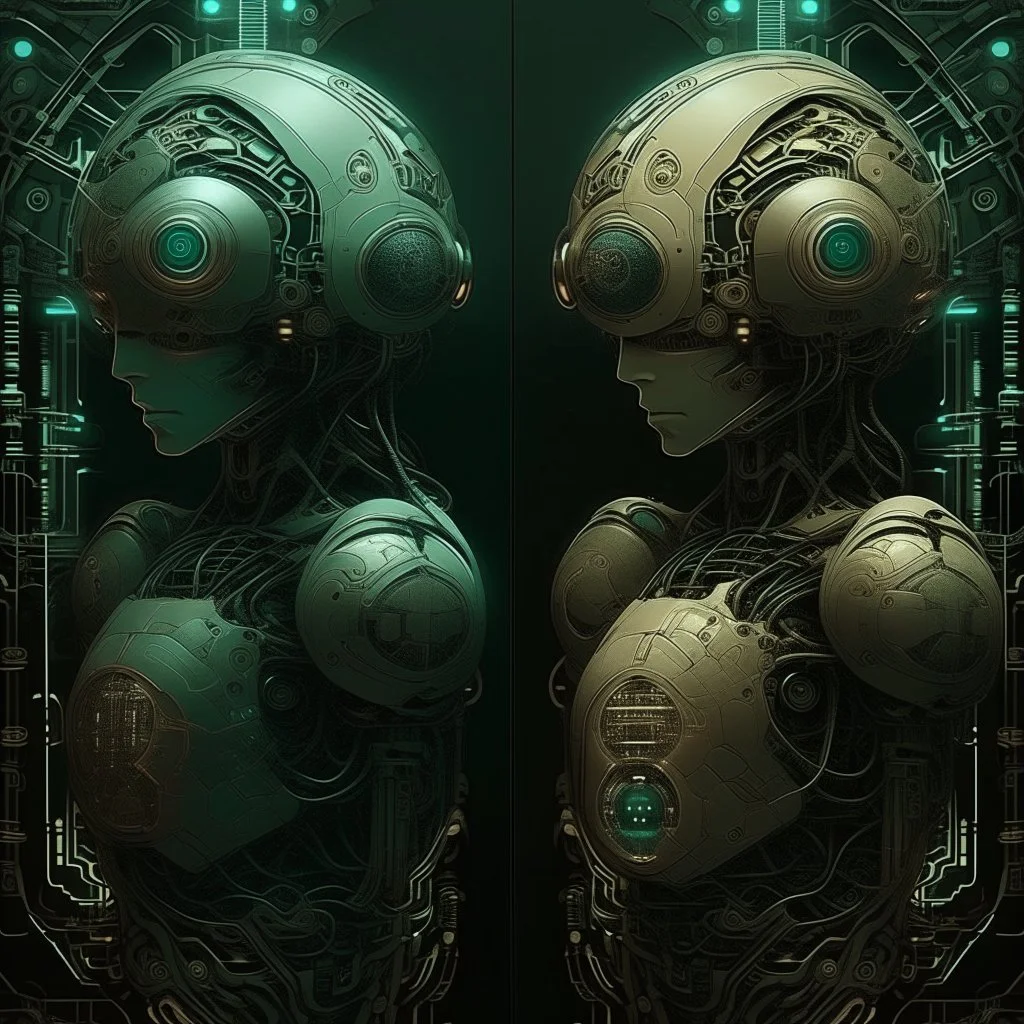 futuristic digital collage by Anton Semenov and Petros Afshar, "EX-MACHINA", faded dark neon colors, corruptive robot oddball anthropomorph zygote biomechanoid, sci-fi, different sized panels incoherence between each panel, minimalism