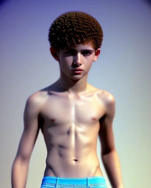 beautiful 12 year old arabic boy with curly hair and light blue eyes, shirtless