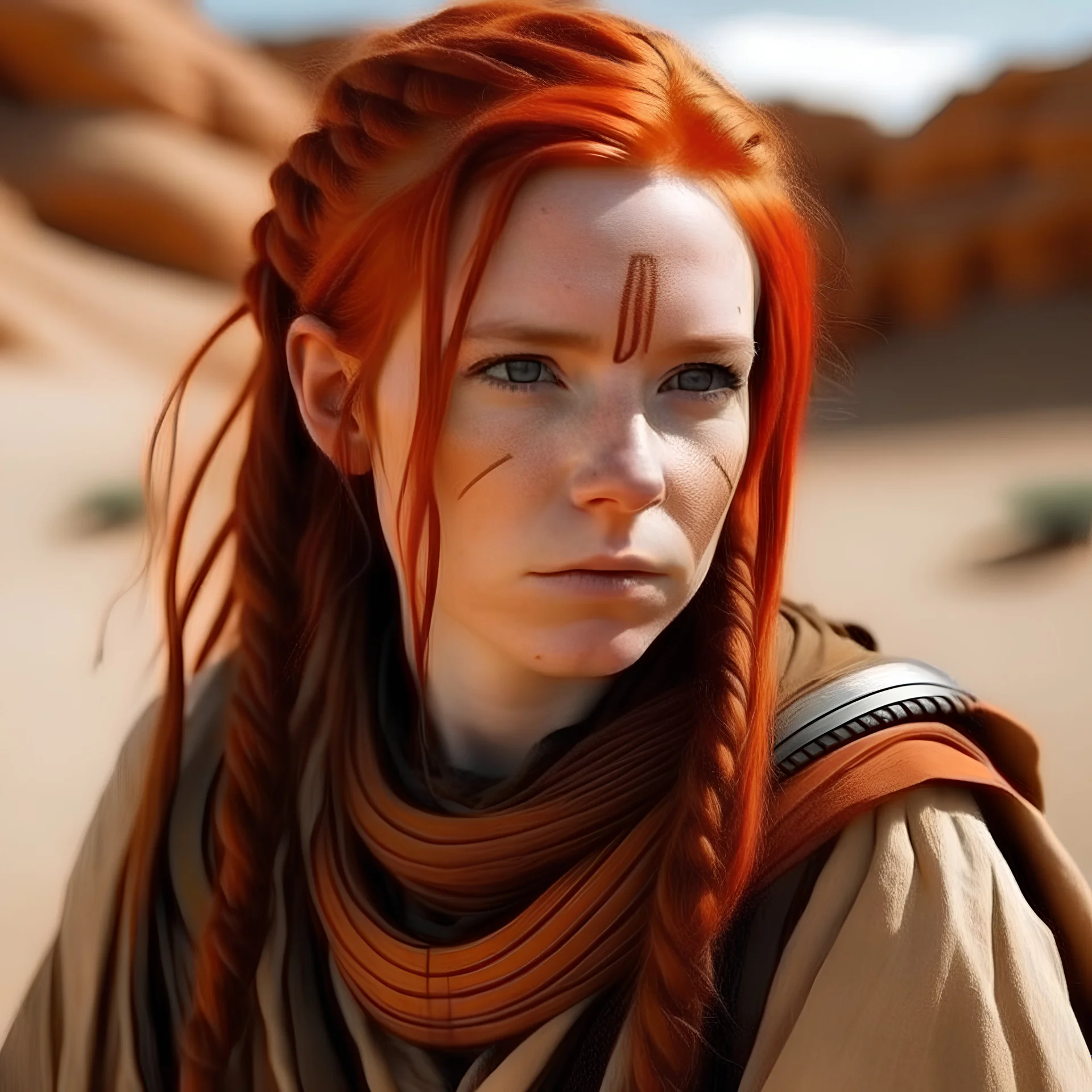 Niña jedi pelirroja con trenzas en el pelo que está en el desierto del sahara