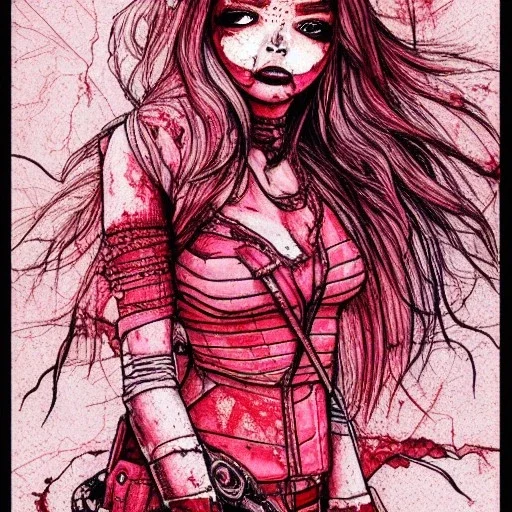  line Art coloured, destroyed, post apocalyptic, darkred tones,