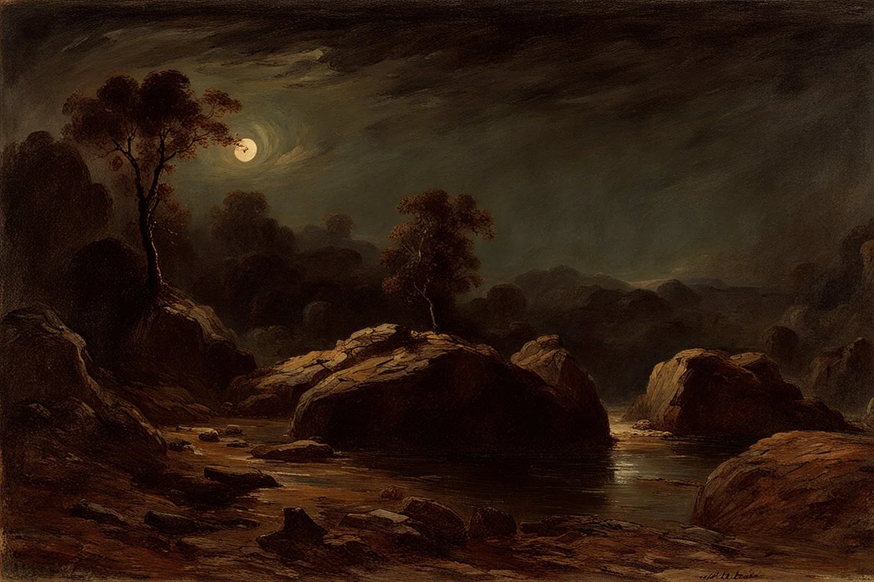 Night, rocks, trees, begginer's landscape, friedrich eckenfelder, willem maris, and otto pippel impressionism paintings