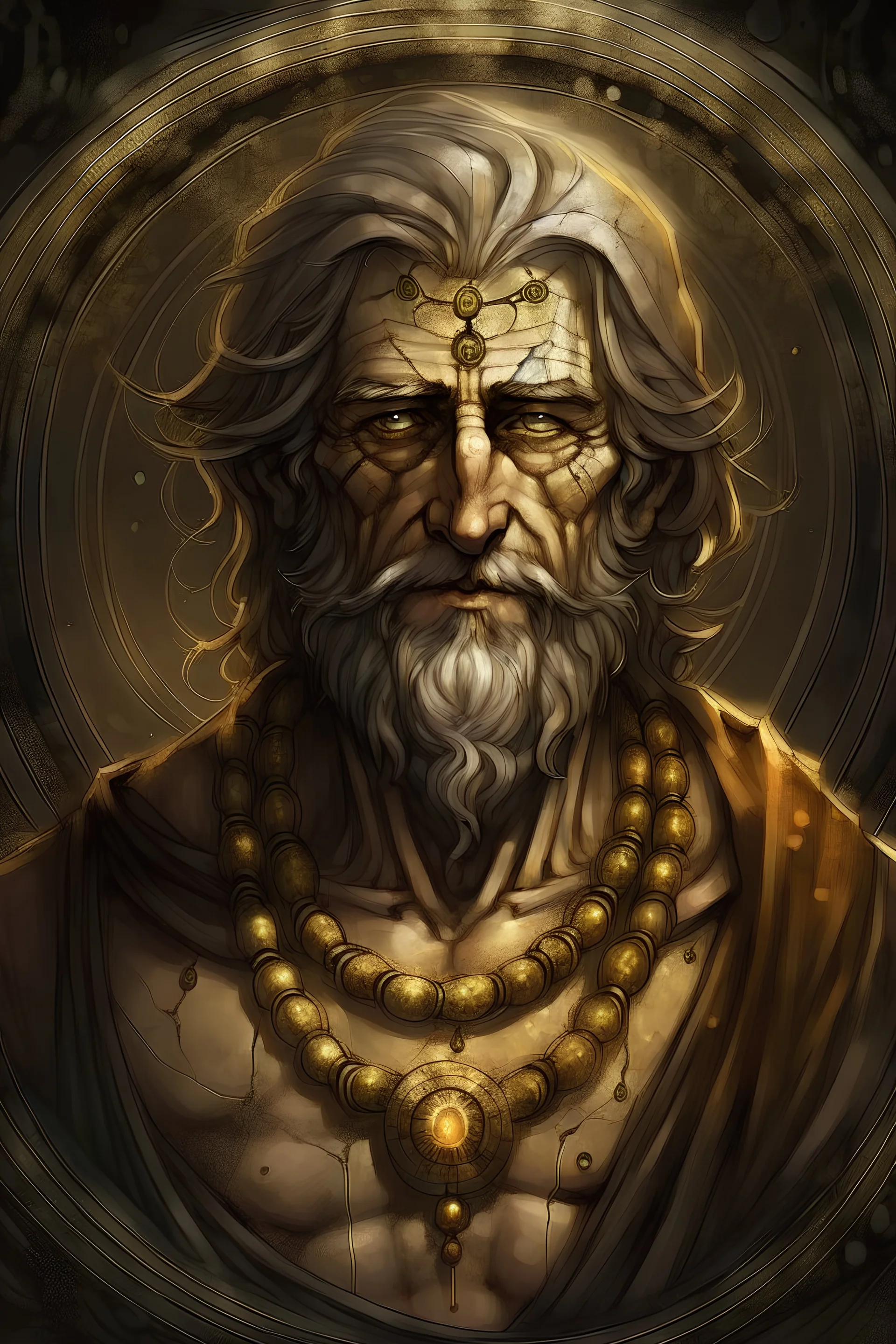 antiquity man, Xerces, mysterious aura, intense gaze, and enigmatic smile, symbolizing his deep spiritual power