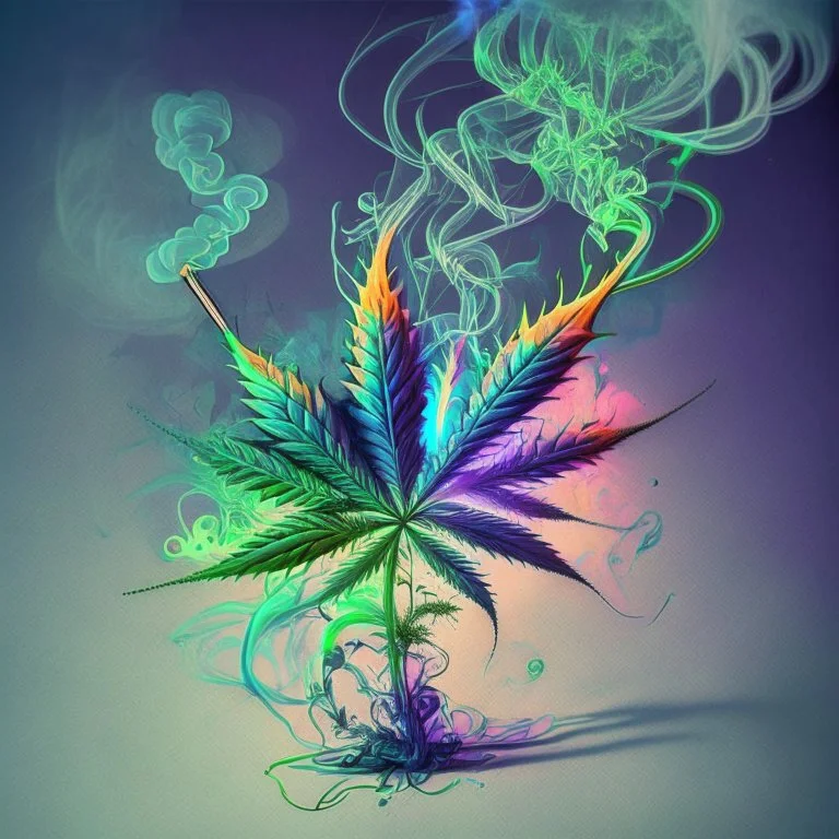 Create a surreal artwork sketch depicting a vibrant cannabis plant emerging from a cigarette, with smoke tendrils intertwining around it.