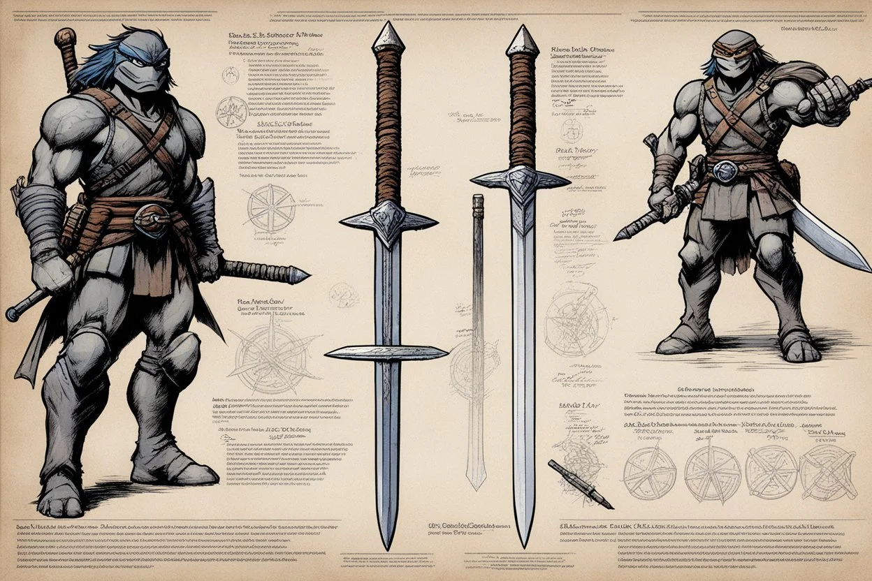 series of weapons concept sheet with AD&D statistics and characteristics, [high res illustration by Kevin Eastman and Peter Laird for TMNT module T04] leonardo's katana, michelangelo's nunchaku, donatello's bo staff, raphael's sai