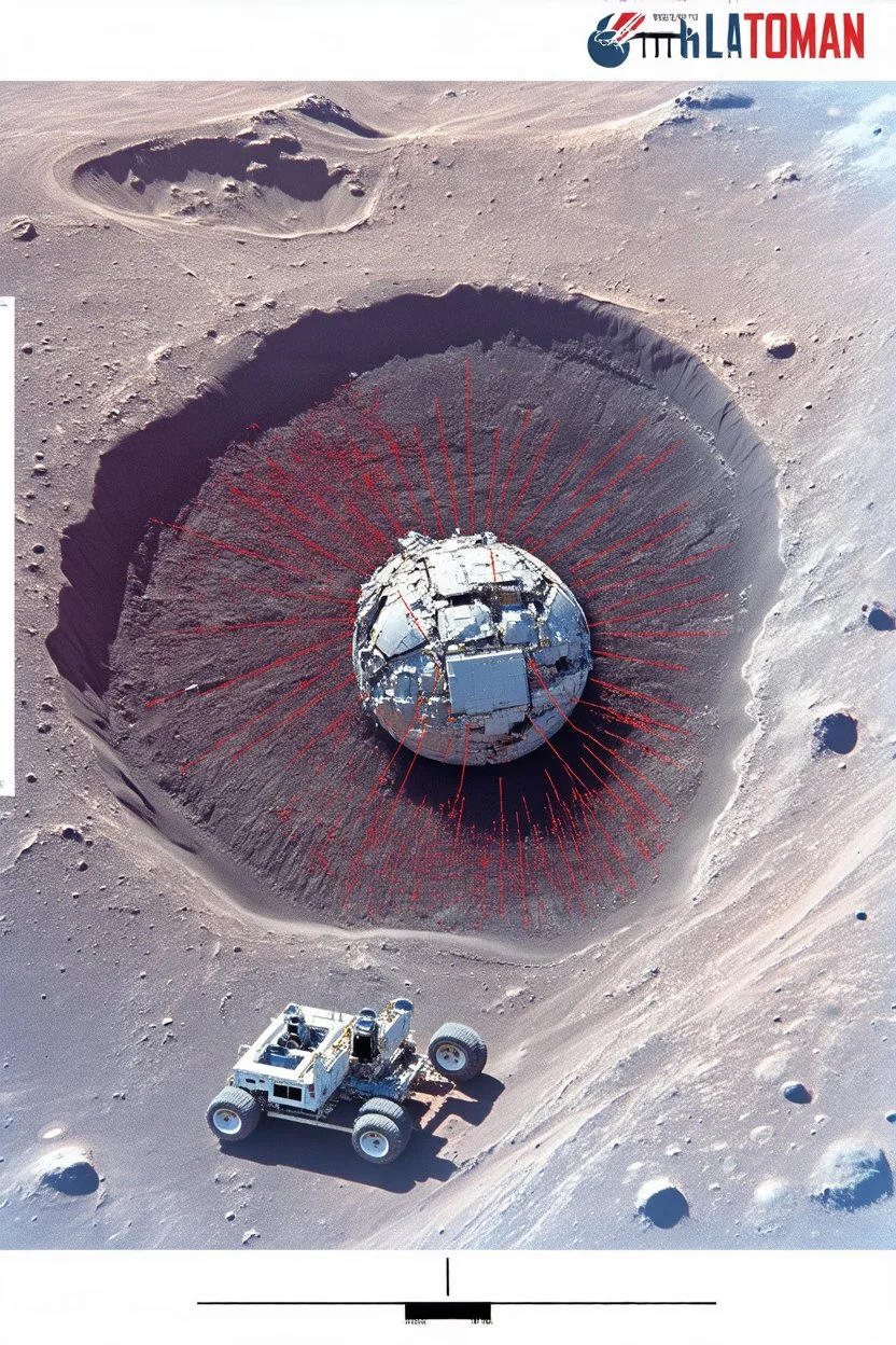 High-altitude lunar reconnaissance satellite image of a young impact crater. larger regolith along right ride. A massive damaged metallic alien sphere with fracture lines on the crater floor. Thin red organic growth radiates across regolith and up crater walls. At the lower frame edge outside the crater, a small modern white single-seat lunar vehicle sits near the rim with visible wheel tracks. Stark vacuum lighting, no atmosphere, pitch-black space, comic page pencils