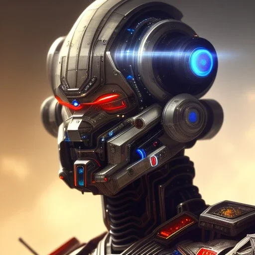 a beautiful full frame digital painting of futuristic cyborg samurai robot, wide angle view, close-up, macro lens, centered camera, titanium accents, intricate details, small minutiae, tiny features, particulars, colorful, 8k, least ambient occlusion, volumetric lighting, volumetric clouds