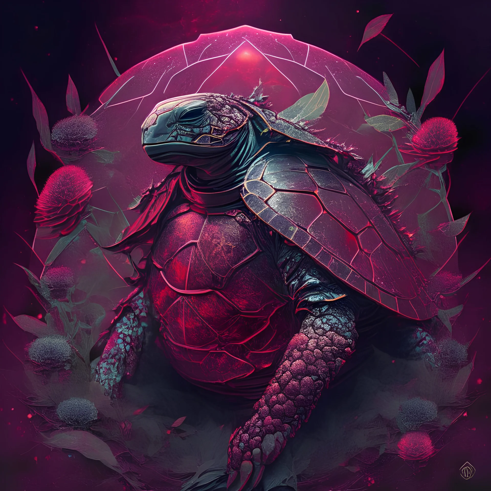 spatial turtle samurai iridescent, blood, futuristic, guts, wildflower, cosmic, intricate, darkred tones,sidhe, ominous, nature, plants,