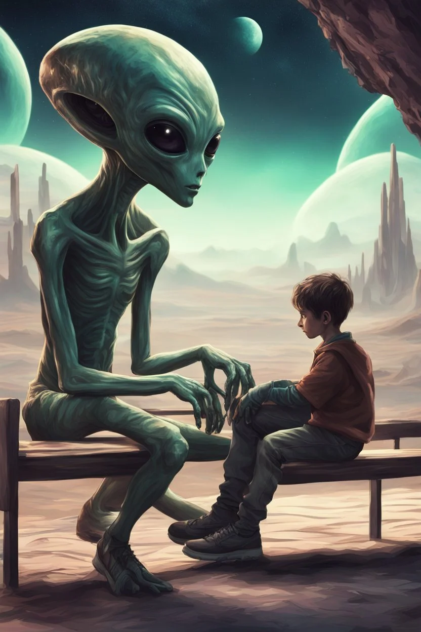 alien and a boy sitting on a bench. alien is howing boy with his alien hand the universe that boy never saw with his human eyes. there are geometric stuff all around and some planet stuff. boy and alien are friends. realistic style, like photography.