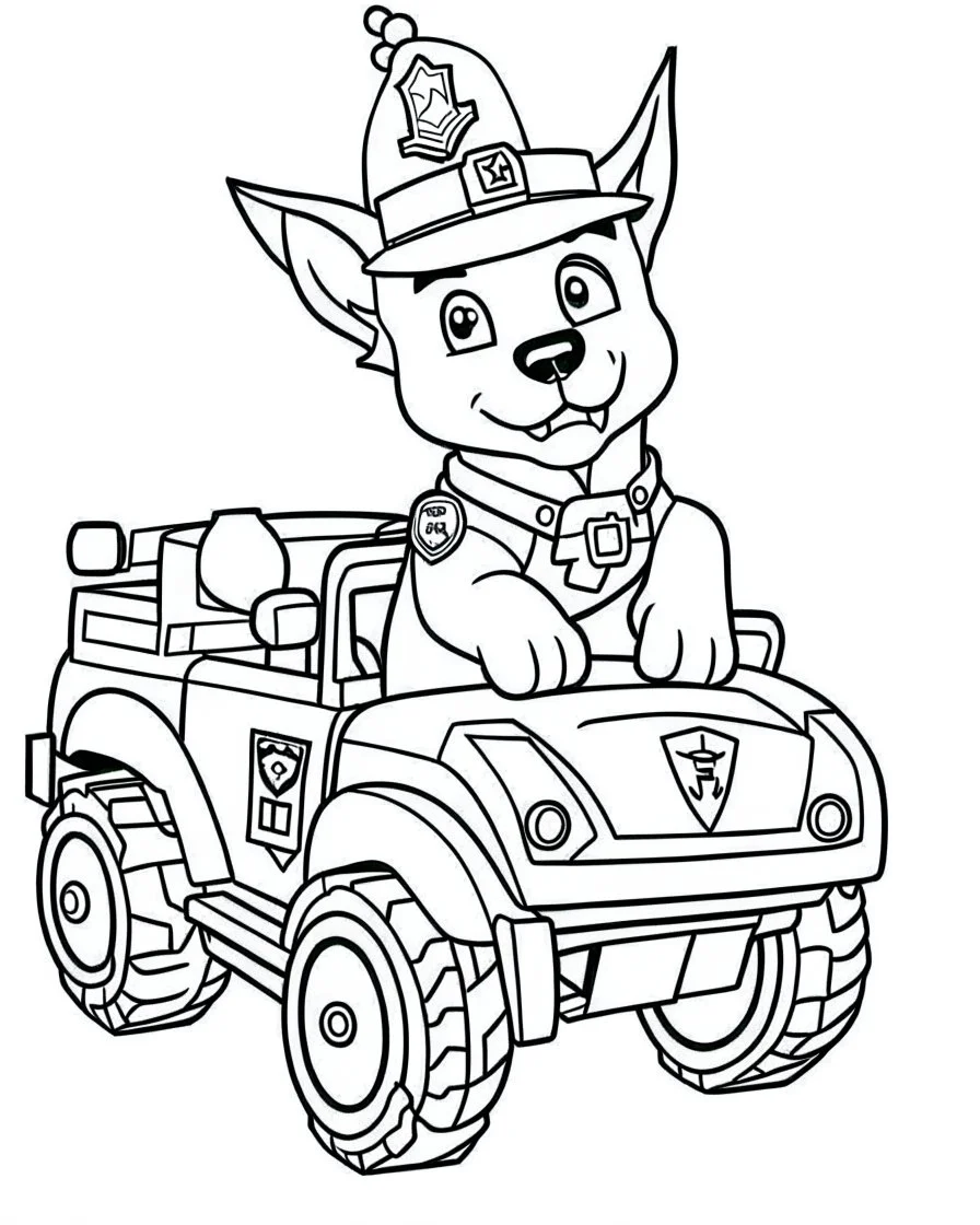 outline art for Paw Patrol Marshall With Fire Truck coloring page, Japanese manga style, cartoon style, cute face, white background sketch style, full body is a must, only use outline, clean line art, no shadow, bold outline