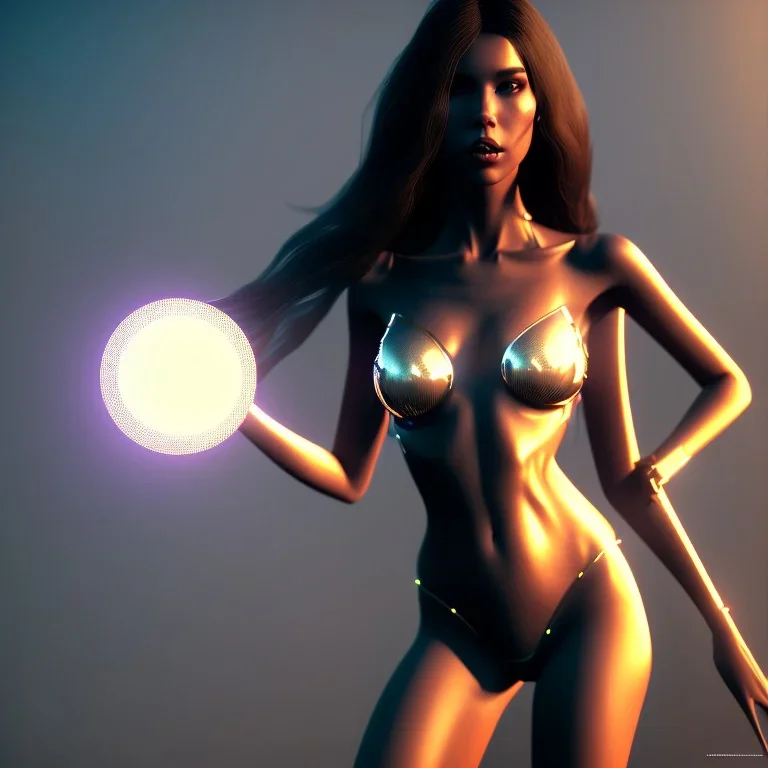 full body portrait of woman in the style of Gustavo Torres, flowing hair, perfect face, perfect anatomy, vampirella, 2 piece string bikini, 3d sculpted, a beautiful digital painting of futuristic cyberpunk city lighting, unreal engine render, mdjrny-v4 style, highest quality render, cinema 4d, zbrush, fighting stance,