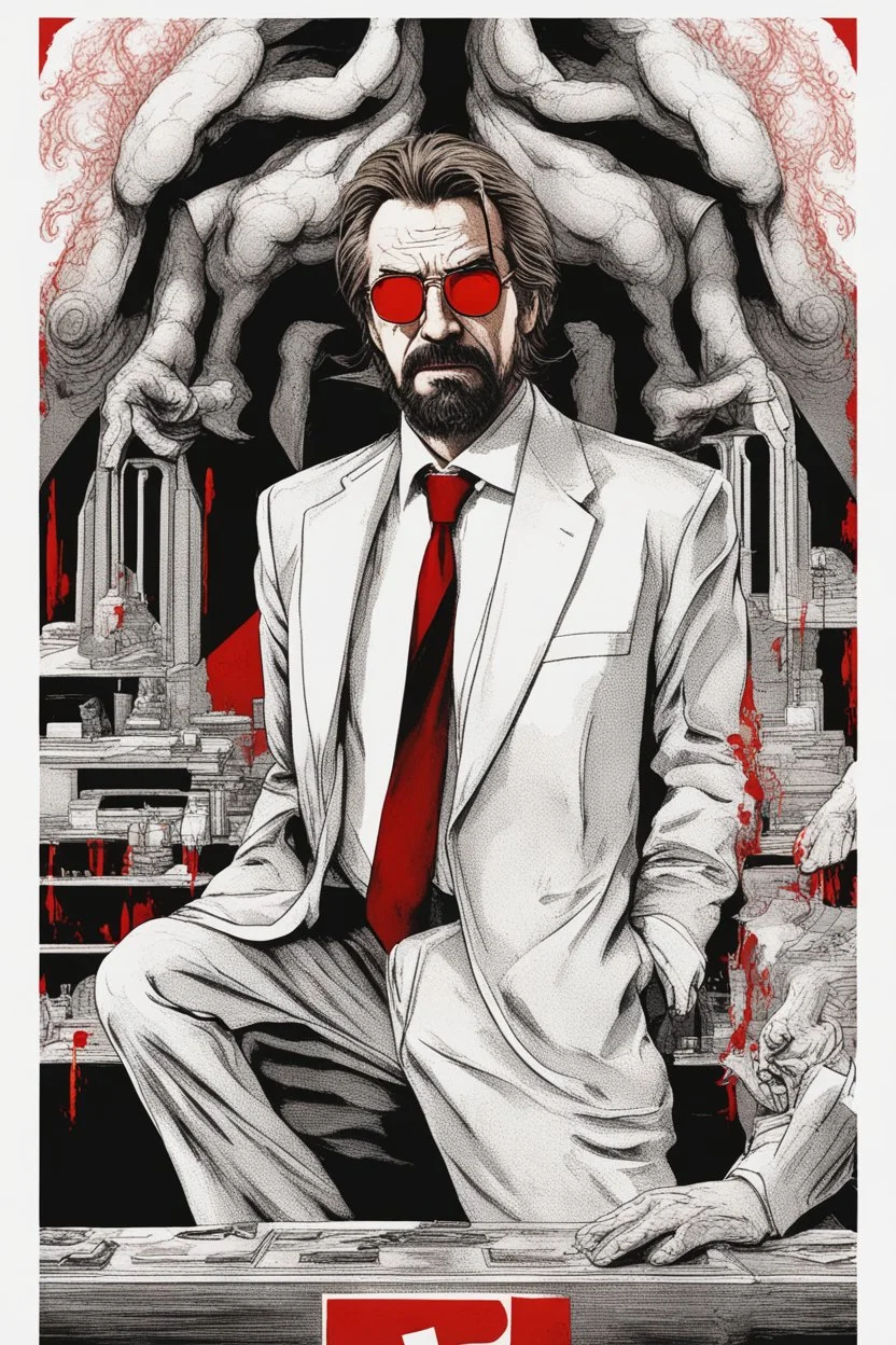 an evil, intimidating looking Hans Gruber wearing red-tinted glasses