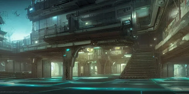 video game level design, sci-fi, latin architecture, 3d environment, concept art, cinematic, solarpunk