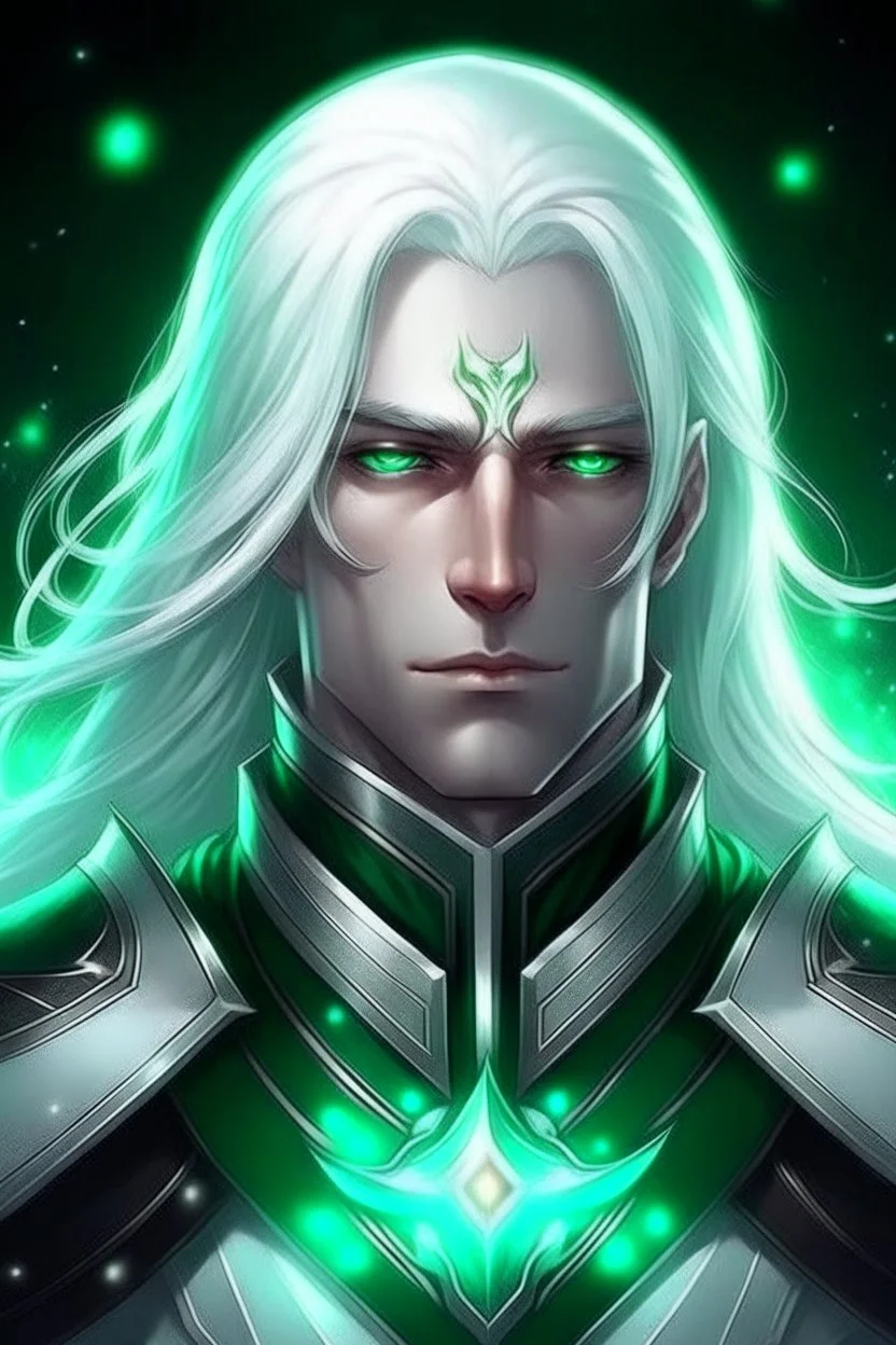 Galactic beautiful man knight of sky deep green eyed long White haired