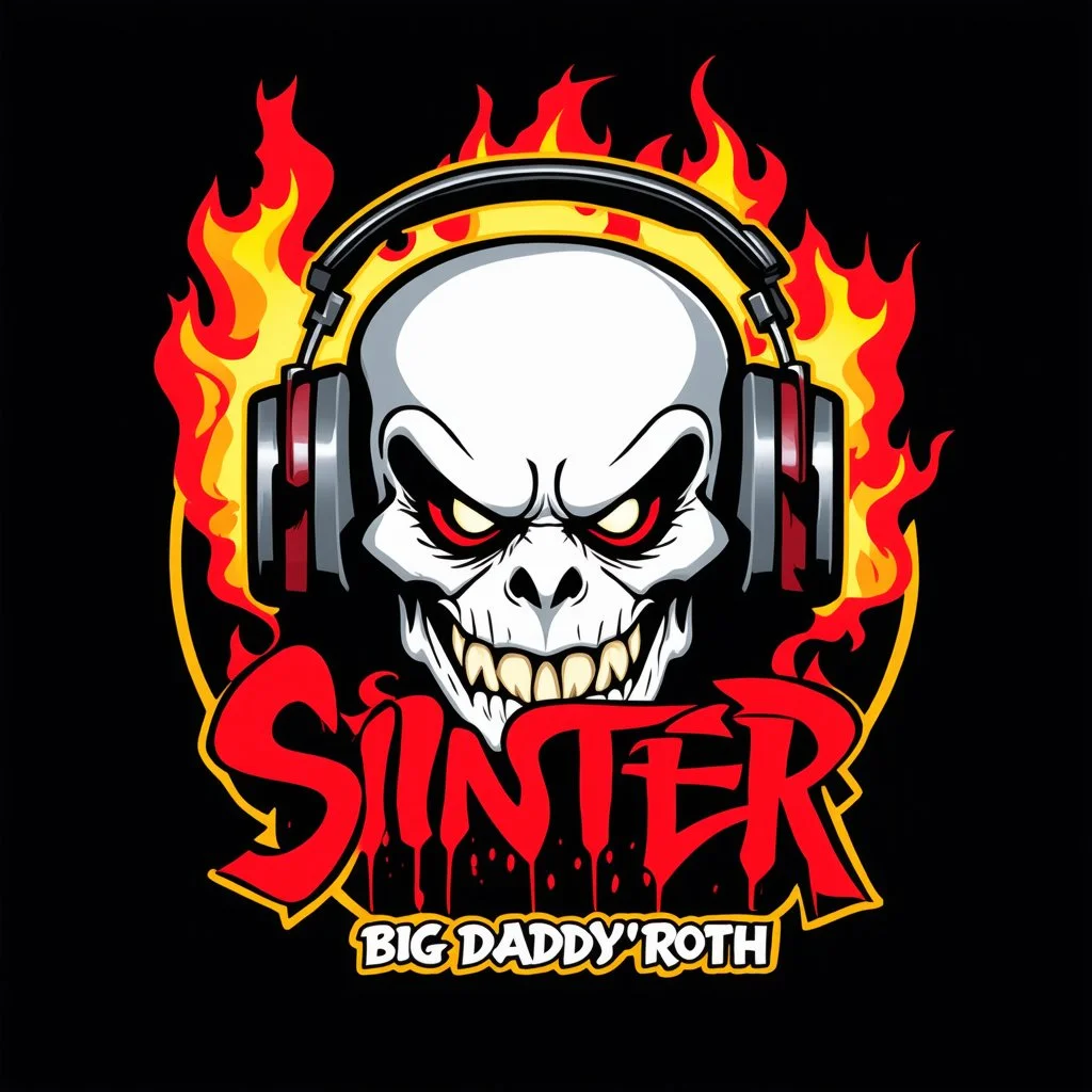 A logo for a rock band inspired by the styles of Ed "Big Daddy" Roth, graffiti art. sinister, evil marshmallow head with headphones. The marshmallow head is breathing red flames. The background is dark.