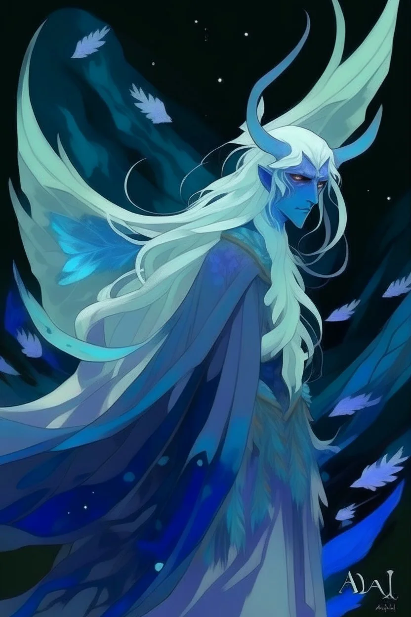 white blue hair winter cold sad frozen Eladrin Male icicle antlers beard druid